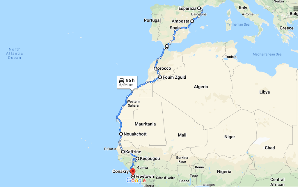 The route from France to Freetown
